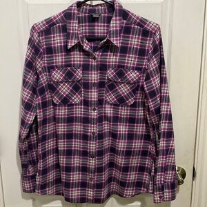 Eddie Bauer Women’s Magenta Purple Plaid Flannel Button Down Shirt Size Large